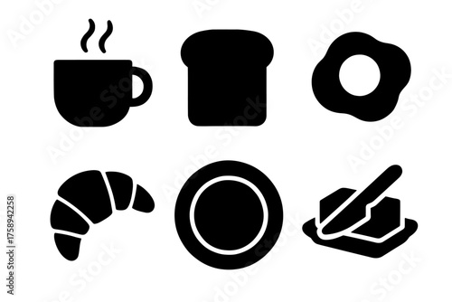Silhouette icons of breakfast foods: coffee, toast, egg, croissant, plate, butter