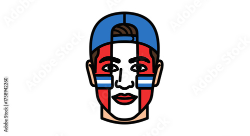 Vector illustration of a sports fans face with patriotic flag paint and a blue baseball cap.