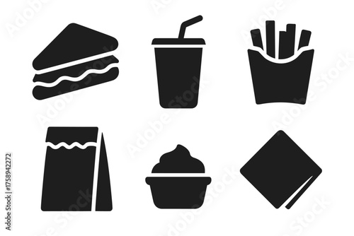 Fast food icons: sandwich, drink, fries, bag, cupcake, napkin silhouettes