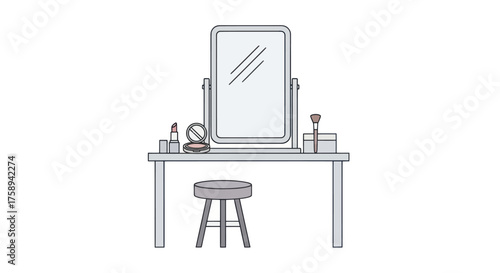 Simple Line Drawing of a Vanity Table with Mirror and Makeup Accessories.