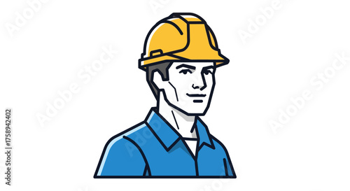 A stylized illustration of a male construction worker or engineer wearing a yellow hard hat.
