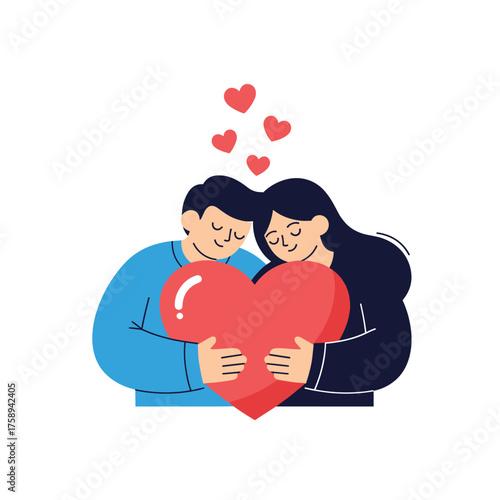 A couple in love hugs a big red heart with smaller hearts floating above.