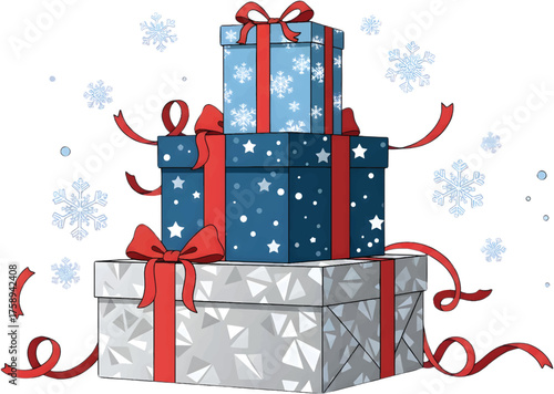Festive Stack of Christmas Gift Boxes Adorned with Ribbons and Snowflakes