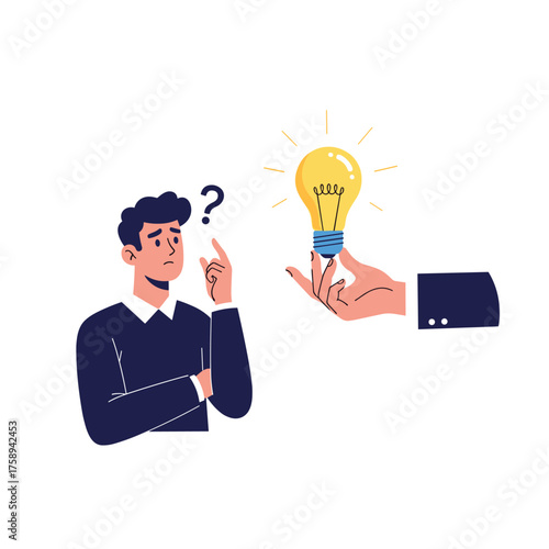 Person contemplating a bright idea offered by another hand.