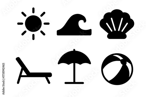Summer icons: sun, wave, shell, lounge chair, umbrella, beach ball