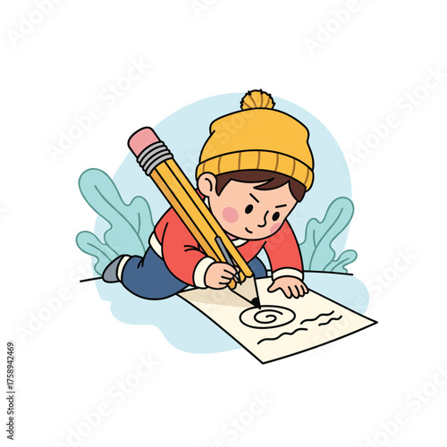 A young child in a yellow hat draws on paper with a large pencil.