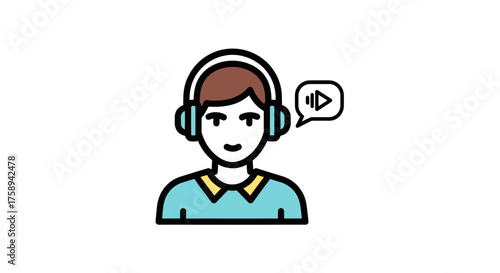 Colored line art icon of a person wearing headphones listening to audio with a play button symbol.