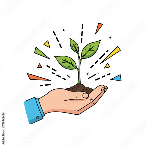 A hand holding a seedling with colorful abstract shapes radiating outwards.