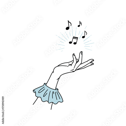 A gentle hand conjures musical notes into the air with a radiant glow.