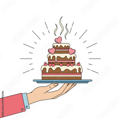 A beautifully decorated three tiered cake served on a platter by a hand.