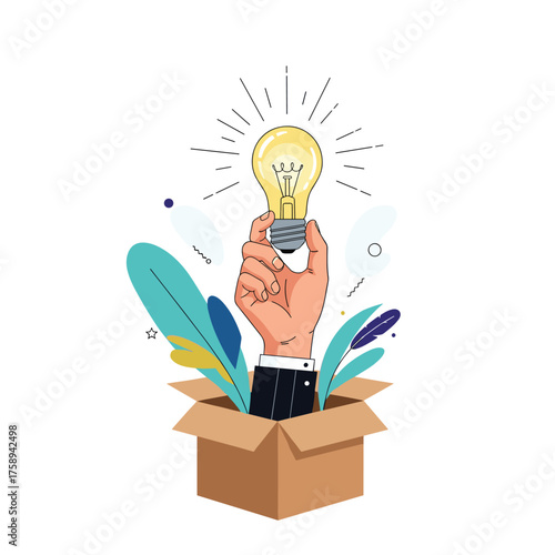 A hand holding a bright lightbulb emerging from a box symbolizing innovation and creativity.