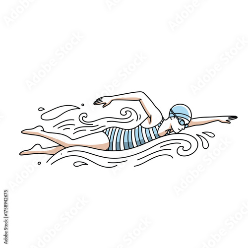 A woman swimming freestyle in a blue striped swimsuit and goggles.