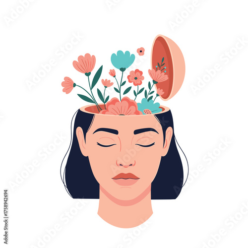 Illustration of a woman's head open with flowers growing out of it symbolizing thoughts and creativity.