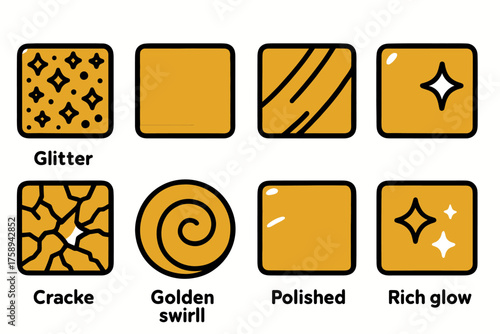 Set of eight textured gold icons with glitter and polished designs