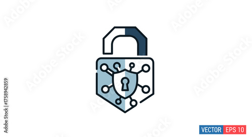 Digital Security Padlock Icon with Shield and Network Elements.