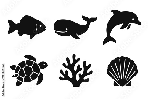 Aquatic icons: fish, whale, dolphin, turtle, coral, shell silhouettes
