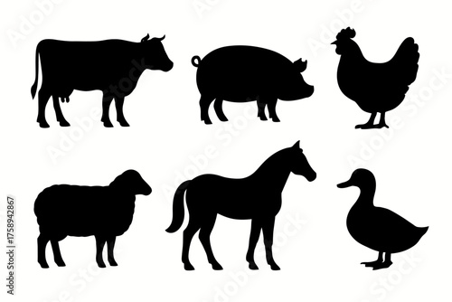 Silhouettes of common farm animals: cow, pig, chicken, sheep, horse, duck