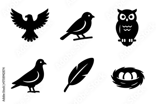 Set of bird silhouettes: eagle, sparrow, owl, pigeon, feather, and nest