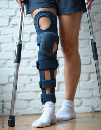 Woman wearing knee orthosis brace walks with crutches after leg surgery. Patient during rehabilitation and recovery from injury. Female uses orthopedic splint for support, stability and pain relief.