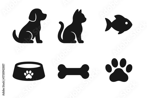 Pet silhouettes: dog, cat, fish icons with bowl, bone, and paw print