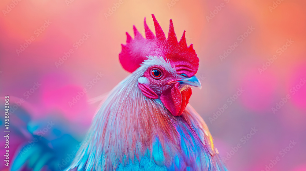 Fototapeta premium Vibrant multicolored rooster with striking red comb and iridescent feathers, set against soft, dreamy blend of pink, orange, and purple hues, artistic and captivating avian portrait
