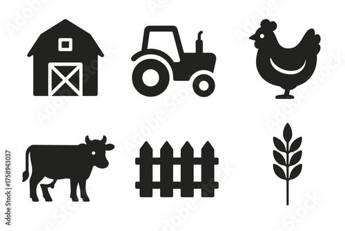 Farm icon set: barn, tractor, chicken, cow, fence, wheat