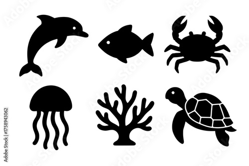 Silhouette ocean life: dolphin, fish, crab, jellyfish, coral, turtle