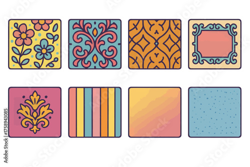 Colorful decorative tile set with floral, geometric, and abstract patterns