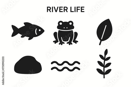 Silhouette icons of river life: fish, frog, leaf, rock, waves, plant