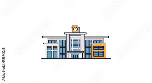 Modern School Building with Clock Tower and Geometric Design.