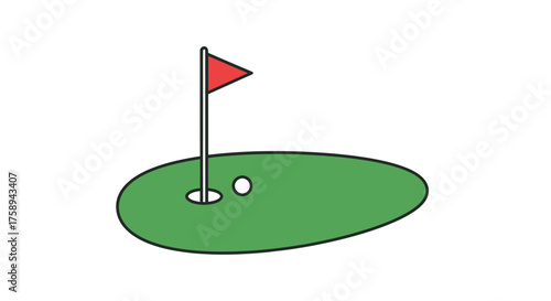Golf hole with flag and ball on green grass.