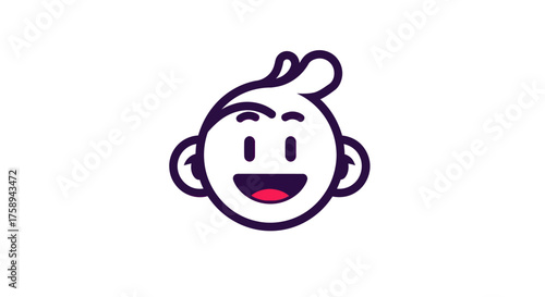 Cartoon Smiling Baby Face with Curly Hair and Open Mouth.