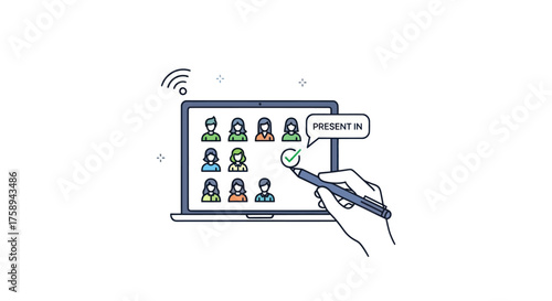 Online Meeting on Laptop Screen with Participants and Hand Using Stylus.