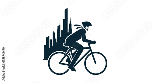 Silhouette of Cyclist Riding Bicycle in Urban Cityscape.