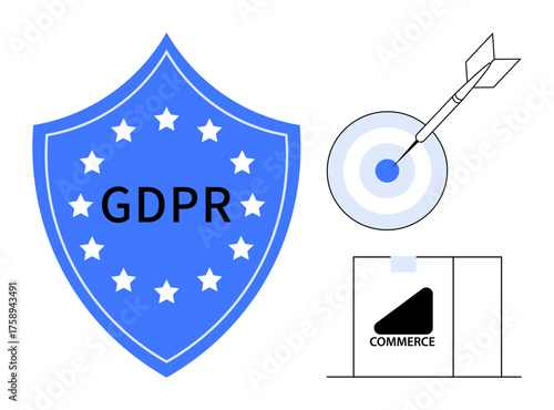 Blue shield labeled GDPR with stars, a dart hitting a target, and an e-commerce package. Ideal for data privacy, digital security, online marketing, EU regulations, compliance, risk management