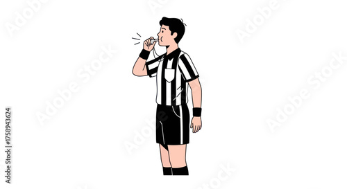 Referee blowing a whistle wearing black and white striped shirt and black shorts.