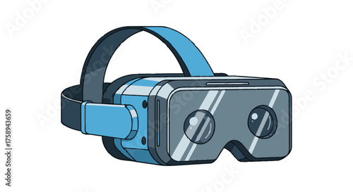 Futuristic Virtual Reality Headset with Blue Straps and Lenses.