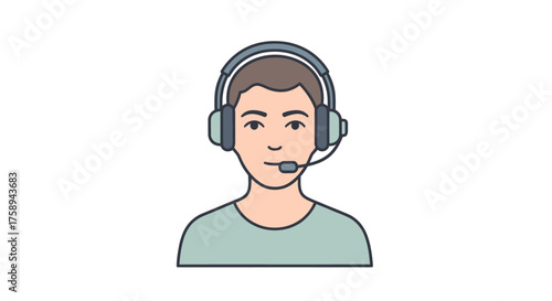 Cartoon Man Wearing Headset with Microphone for Customer Service or Gaming.