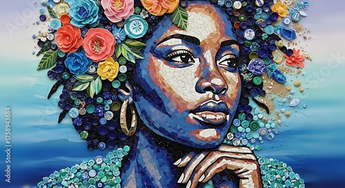 A captivating portrait of a woman, crafted from recycled bottle caps and adorned with vibrant flowers, showcasing a thoughtful expression against a backdrop of calming blues.