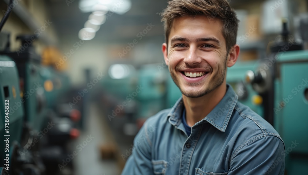 Fototapeta premium Young cheerful man smiles in workshop. Works in industrial manufacturing. Engineer apprentice tech student learns new skill. Happy worker in factory setting, ready for future career development in