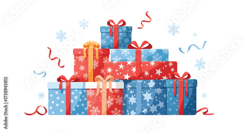 Festive Stack of Blue and Red Gift Boxes with Snowflakes and Confetti, Perfect for Holiday Celebrations