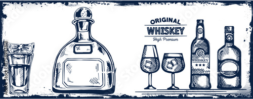 Different bottles with alcohol and different glasses. Vector illustration in sketch style
