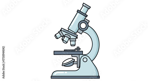 Light Blue Microscope Illustration with Multiple Lenses and Adjustable Stage.