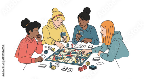 Diverse group of friends enjoying a lively board game session together.