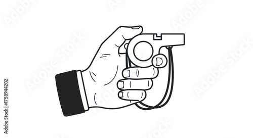 Hand holding a whistle with lanyard ready to signal or command attention.