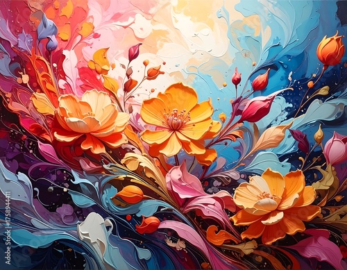 An abstract, vibrant floral composition with bold brushstrokes and a mix of warm and cool colors, evocative of joy