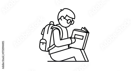 Line Art Illustration of a Student Reading a Book.