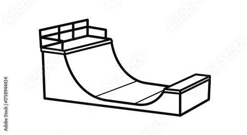 Line art drawing of a skate ramp with quarter pipe and flat section.