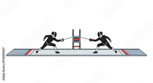 Two Fencers in Protective Gear Engaged in a Duel on a Strip.