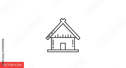 Simple black and white line art icon of a traditional hut or primitive dwelling.